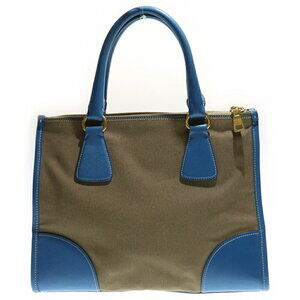 Prada Jacquard Logo Tote Canvas Bag Leather Brown Blue